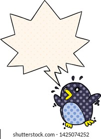 cartoon frightened penguin with speech bubble in comic book style