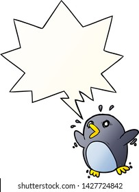 cartoon frightened penguin with speech bubble in smooth gradient style