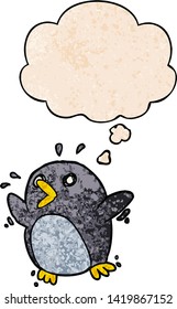 cartoon frightened penguin with thought bubble in grunge texture style