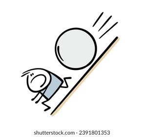 Cartoon frightened stickman in horror and panic runs down the inclined plane, a huge stone rolls behind him. Vector illustration of a disaster in the mountains. Isolated character on white background.