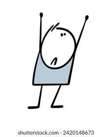 Cartoon frightened stickman raised his hands high. Vector illustration of a weak person. Doodle stick figure man surrenders to the mercy of the enemy. Isolated on white background.