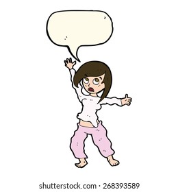 cartoon frightened woman with speech bubble