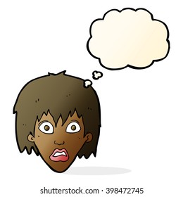 cartoon frightened woman with thought bubble