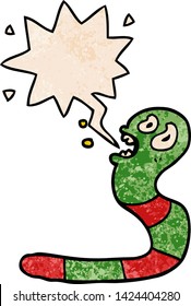 cartoon frightened worm with speech bubble in retro texture style