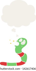cartoon frightened worm with thought bubble in retro style