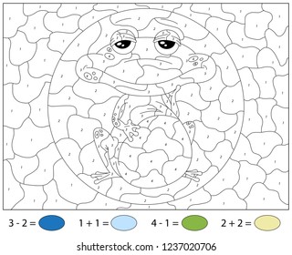 Cartoon frog. Addition and subtraction tasks. Color by number educational game for kids