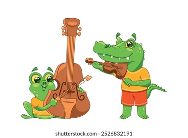 Cartoon Frog and Alligator Animals Wearing Bright Clothes Play Musical Instruments With Joy And Enthusiasm