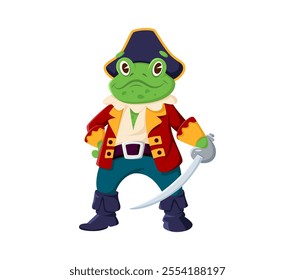 Cartoon frog animal pirate and corsair character wearing a navy captain hat, red coat, boots and holding a sword. Isolated vector toad buccaneer personage, conveying an adventurous and brave spirit