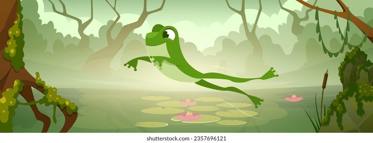Cartoon frog background. Wild animal in lake exact vector frog jumping