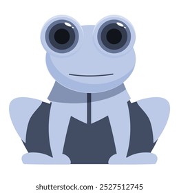 Cartoon frog with big eyes is wearing a suit and sitting down