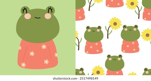 Cartoon Froschkarte und Muster mit Sonnenblumen. süße Cartoons und Tapeten für Stoffdrucke, Geschenkpapier
