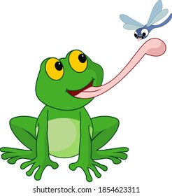 A Cartoon of a frog catching a dragonfly.