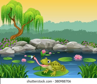 Cartoon frog catching fly on the lily water