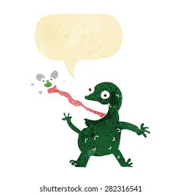 cartoon frog catching fly with speech bubble