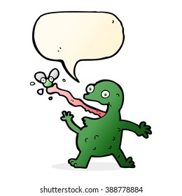 cartoon frog catching fly with speech bubble