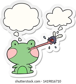 cartoon frog catching fly with thought bubble as a printed sticker
