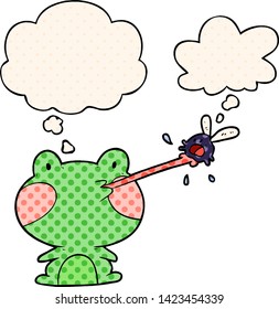 cartoon frog catching fly with thought bubble in comic book style