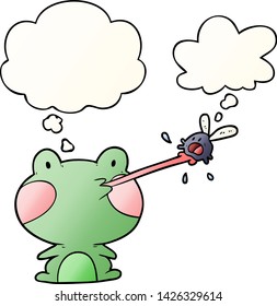 rana de dibujos animados atrapando a la mosca con burbuja de pensamiento en un estilo de gradiente suave