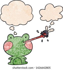 cartoon frog catching fly with thought bubble in grunge texture style
