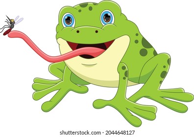 cartoon frog catching mosquito with tongue