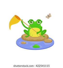 Cartoon Frog Character Catching Flies Flat Bright Color Vector Sticker Isolated On White Background In Simple Childish Style