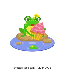 Cartoon Frog Character With Cupcake Flat Bright Color Vector Sticker Isolated On White Background In Simple Childish Style