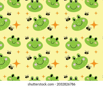 Cartoon frog character seamless background for baby decorative design. Tropical nature backdrop. Flat animal pattern. Vector kids template.