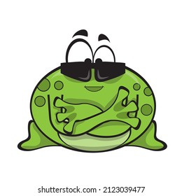 Cartoon frog character wearing sunglasses with crossed arms. Cartoon character on a white background.