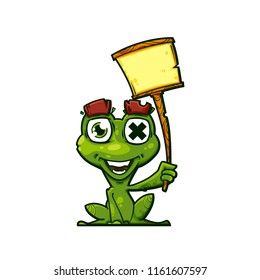 Cartoon frog character with wood poster, vector illustration isolated on white background