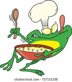 cartoon of a frog chef wearing a chef hat and holding a mixing bowl with flies in it