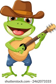 Cartoon frog in cowboy hat strumming a guitar