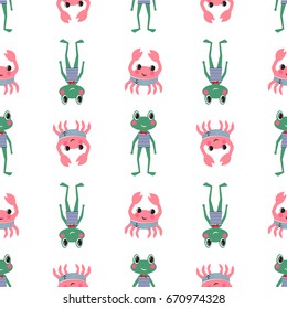 Cartoon frog with crab seamless pattern. Child drawing style animal illustration. Design for textile, wallpaper, fabric, decor etc.