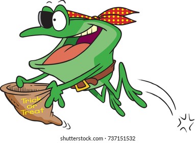 cartoon of a frog dressed as a pirate trick or treating