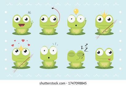 Cartoon Frog Emotions. Vector Frog with arrow. Vector Set of Frog. Flat frog in different actions. Sitting, ridiculous,sleeping, laughing, scared, falling in love. Expression vector