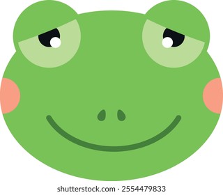 Cartoon frog face with large, round eyes, a wide smile, and pink blush marks on cheeks, expressing a friendly demeanor.