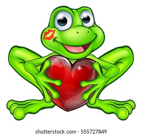 Cartoon frog fairy tale mascot character holding a heart shape with a lipstick kiss mark on his face