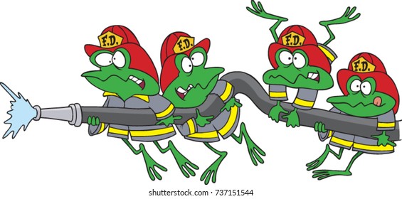 cartoon frog fire fighters trying to hold onto a spraying fire hose