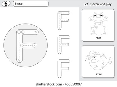 Cartoon frog and fish. Alphabet tracing worksheet: writing A-Z, coloring book and educational game for kids
