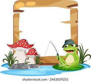 Cartoon frog fishing beside red mushrooms and rocks