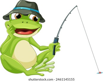 Cartoon frog fishing with a rod and hat