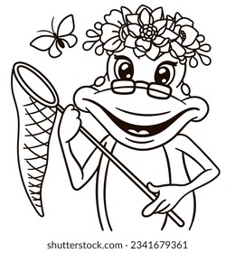 Cartoon frog in floral crown. Cute baby animal nursery print