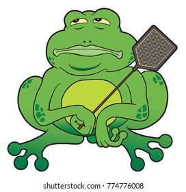 Cartoon frog with fly swatter is patiently waiting for his prey to appear