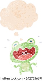 cartoon frog frightened with thought bubble in grunge distressed retro textured style