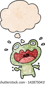 cartoon frog frightened with thought bubble in grunge texture style