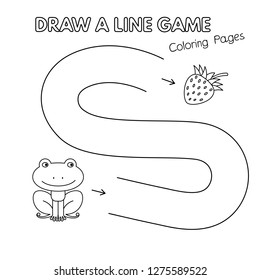 Cartoon frog game for small children - draw a line. Vector coloring book pages for kids