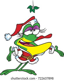 cartoon frog girl dressed as santa standing under some mistletoe