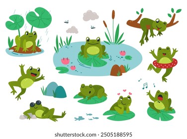 Cartoon frog. Green frogs on pond or swamp. Toads in love, sleeping singing swimming. Happy cute childish mascots, amphibian classy vector characters