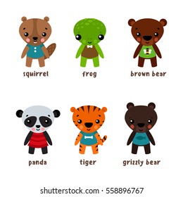 Cartoon frog and grizzly bear, anuran and toad, squirrel and bun, panda and tiger, koala and chipmunks. Smiling cartoon characters in skirts, children pets. Mascot and zoology, woodland theme