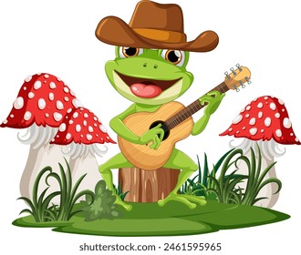 Cartoon frog with guitar near red mushrooms