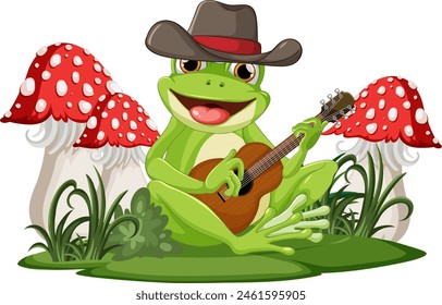 Cartoon frog with guitar sitting under red mushrooms